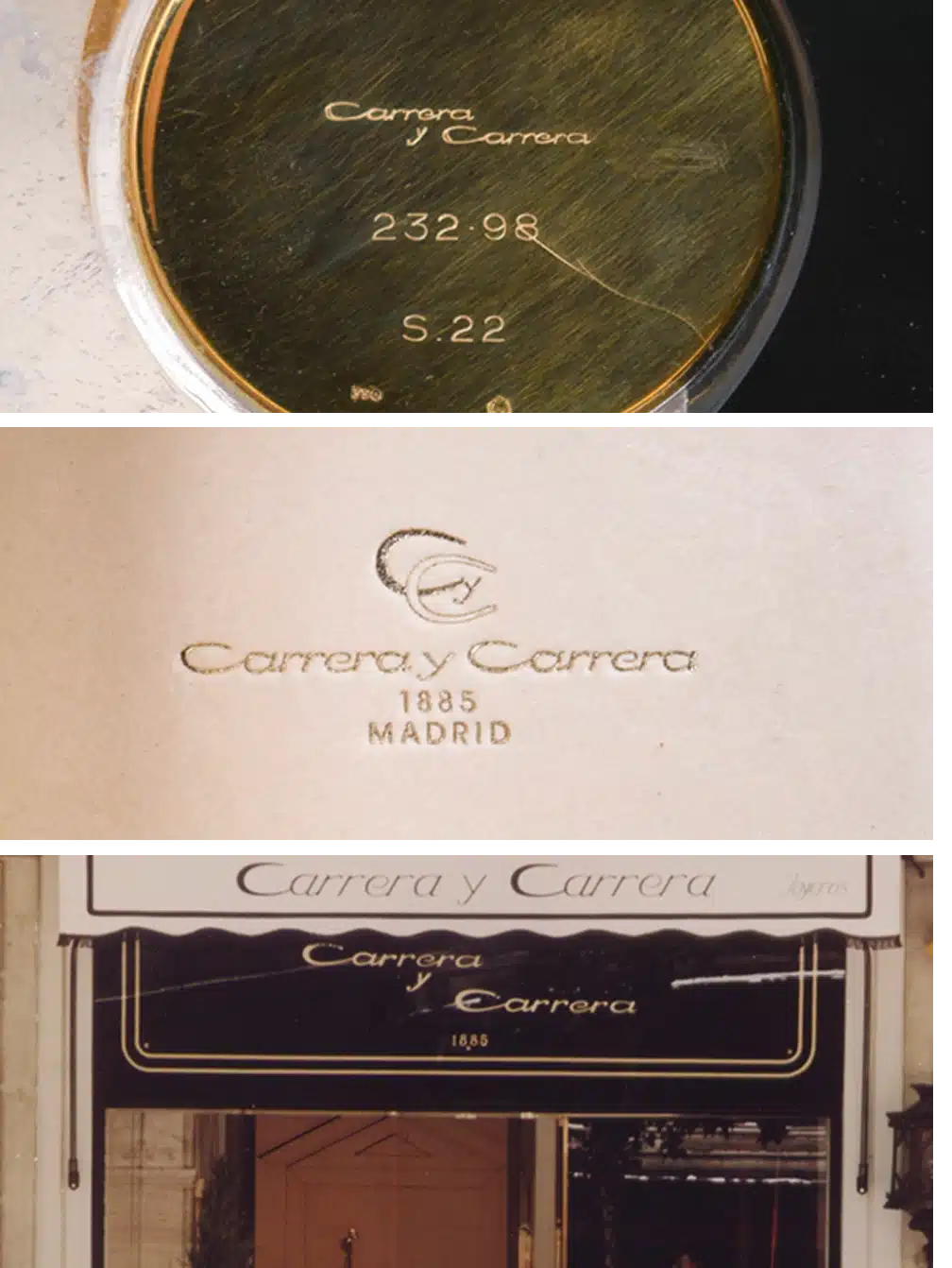 Representación del logotipo histórico de Carrera y Carrera en bordado, rótulo y grabado