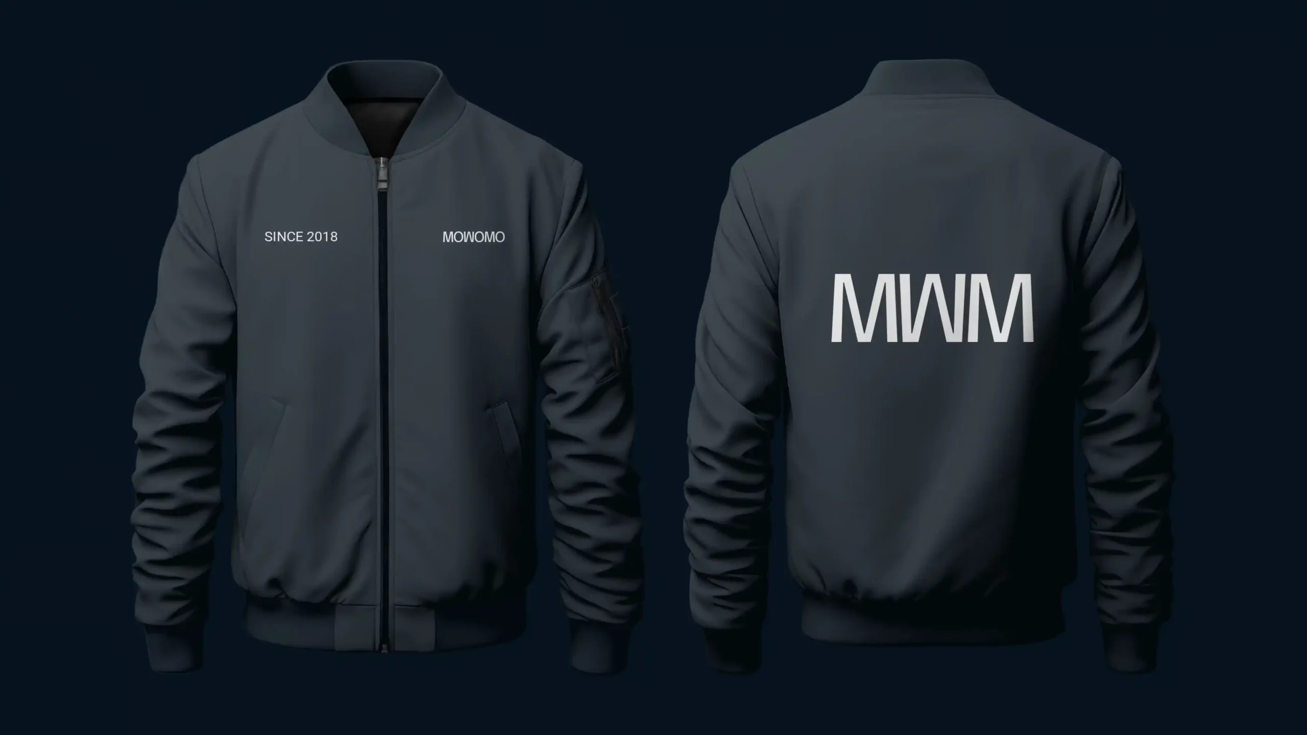 Chaqueta bomber corporativa personalizada con la identidad visual de la marca Mowomo.