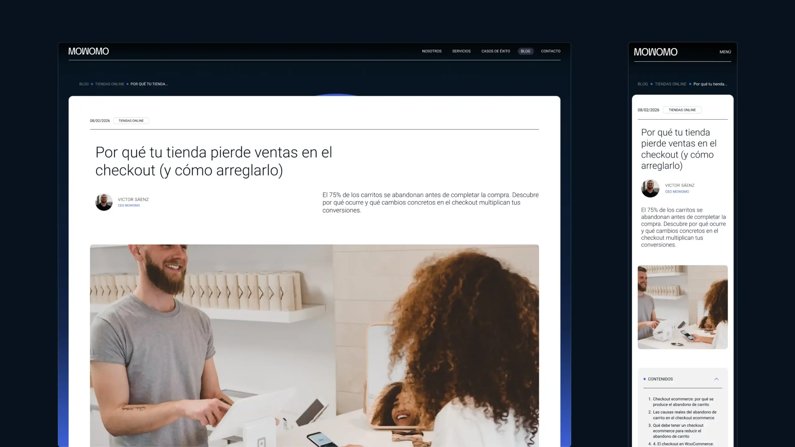 Diseño de la página del blog corporativo de Mowomo con una interfaz moderna y responsive.