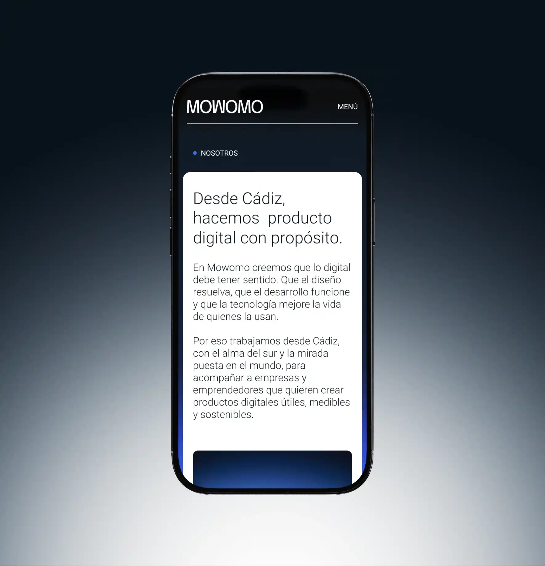 Versión móvil del sitio web de Mowomo adaptada a dispositivos smartphone.