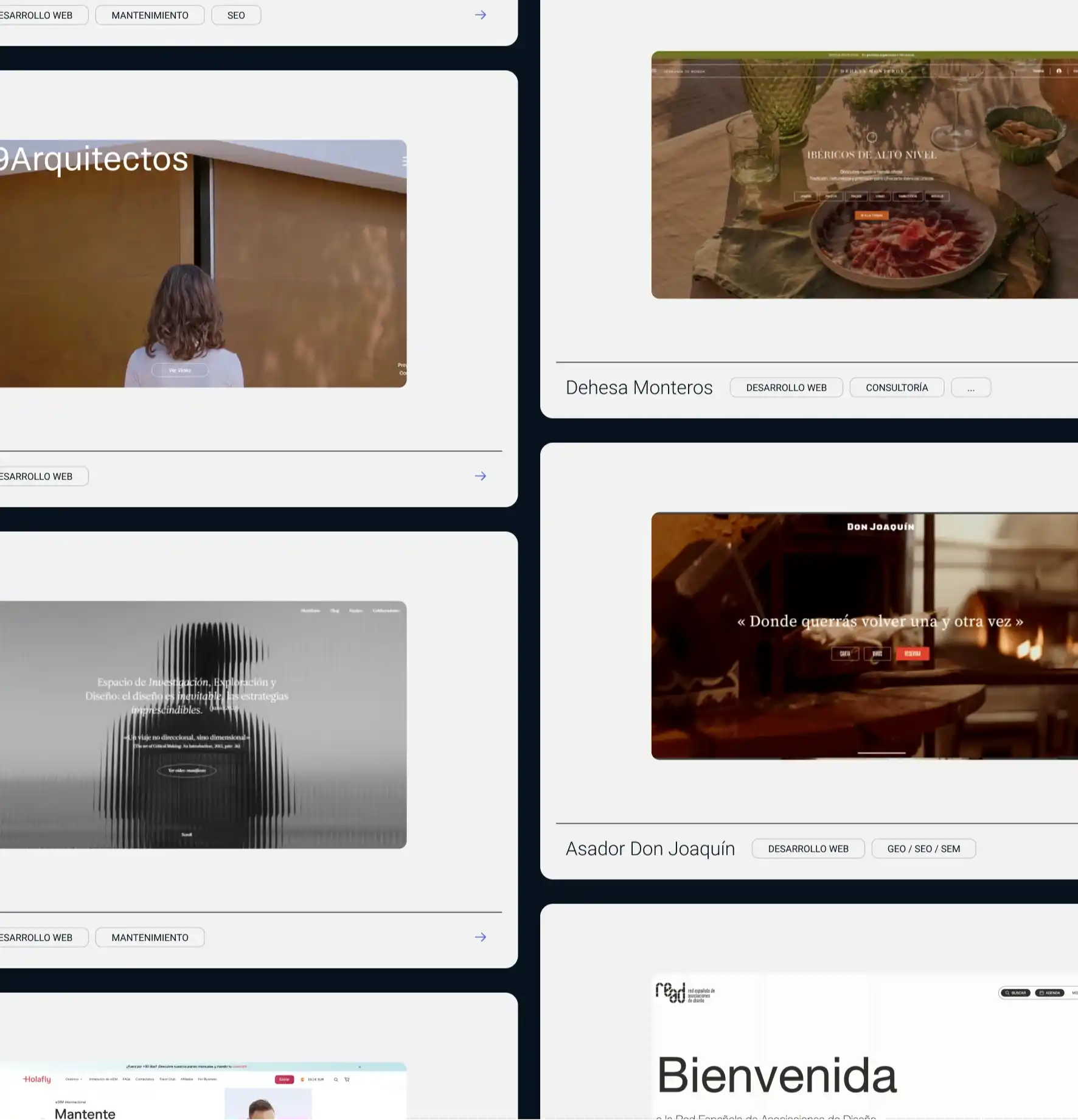 Diseño de cards con casos de éxitos de la web de Mowomo